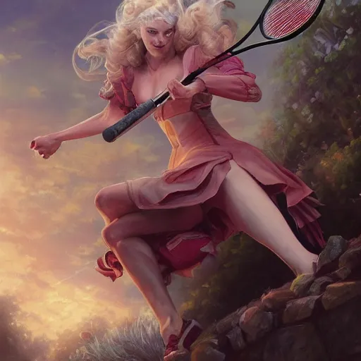 Image similar to shalltear bloodfallen playing tennis, detailed, centered, digital painting, artstation, concept art, donato giancola, joseph christian leyendecker, wlop, boris vallejo, breathtaking, 8 k resolution, extremely detailed, beautiful, establishing shot, artistic, hyperrealistic, beautiful face, octane render, cinematic lighting, dramatic lighting, masterpiece