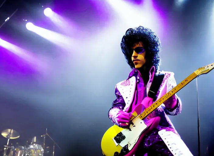 Prompt: photo still of prince from purple rain on stage at vans warped tour!!!!!!!! at age 3 3 years old 3 3 years of age!!!!!!!! serving pancakes to the crowd, 8 k, 8 5 mm f 1. 8, studio lighting, rim light, right side key light