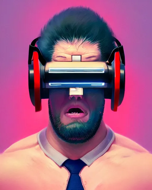 Image similar to highly detailed vfx portrait of, big wrestler wearing a vr headset, stephen bliss, unrealengine, greg rutkowski, loish, rhads, beeple, makoto shinkai and lois van baarle, ilya kuvshinov, rossdraws, tom bagshaw,