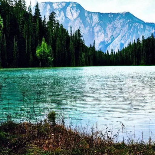 Prompt: beautiful lake in the forest. the mountains on background. summer, shiny weather. hermann nitsch and hermann nitsch