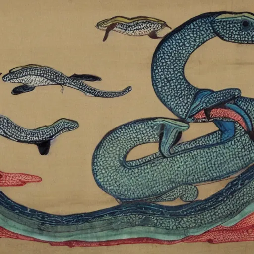Prompt: Plesiosaurs in Chinese Silk Painting style, by Ma Yuan