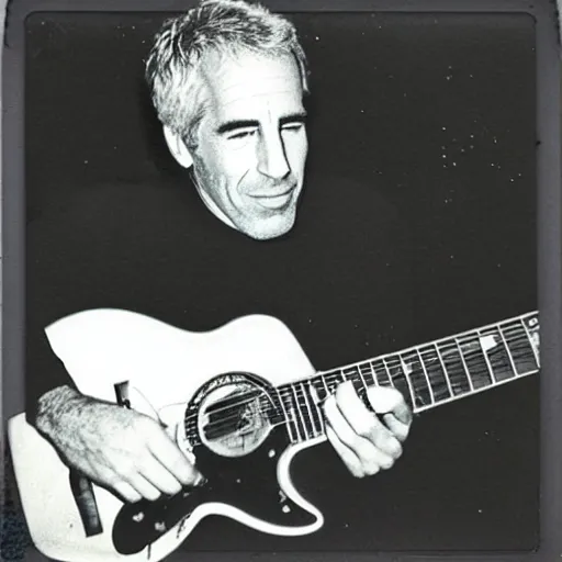 Image similar to polaroid photo of jeffrey epstein playing guitar, flash photography,