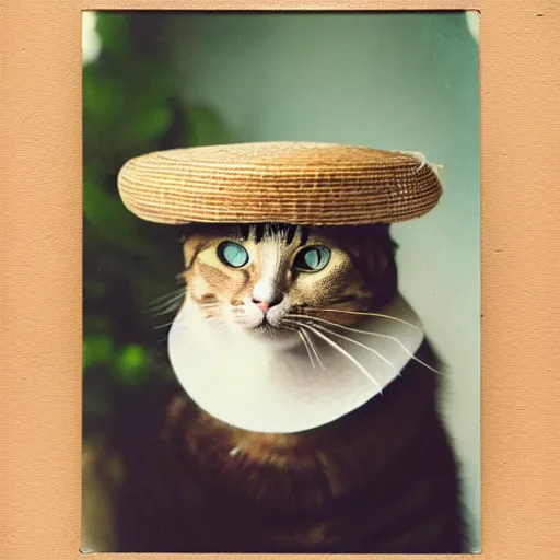 Prompt: A portrait of a cat wearing a small vietnamese straw hat, award winning photo, polaroid, color photo
