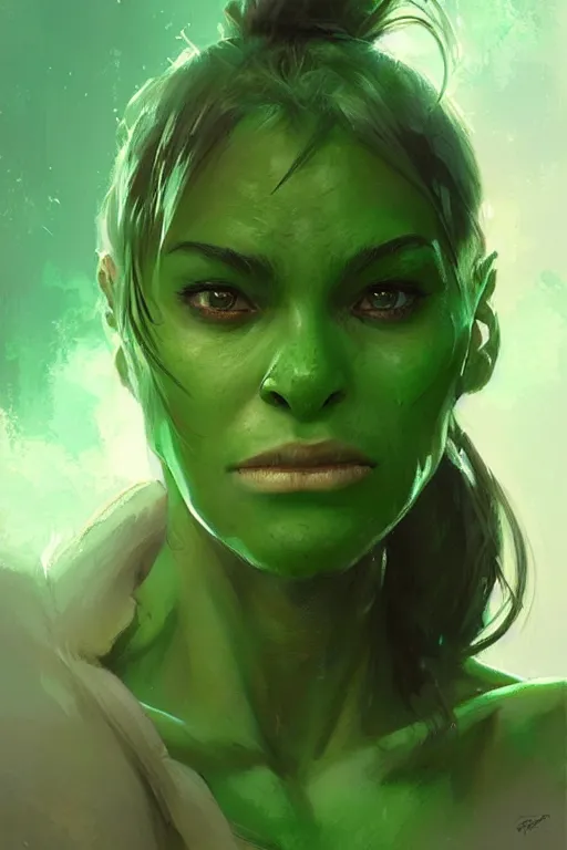 Image similar to green orc female, light green tone beautiful face, by artgerm, by greg rutkowski, by jeremy mann, digital painting