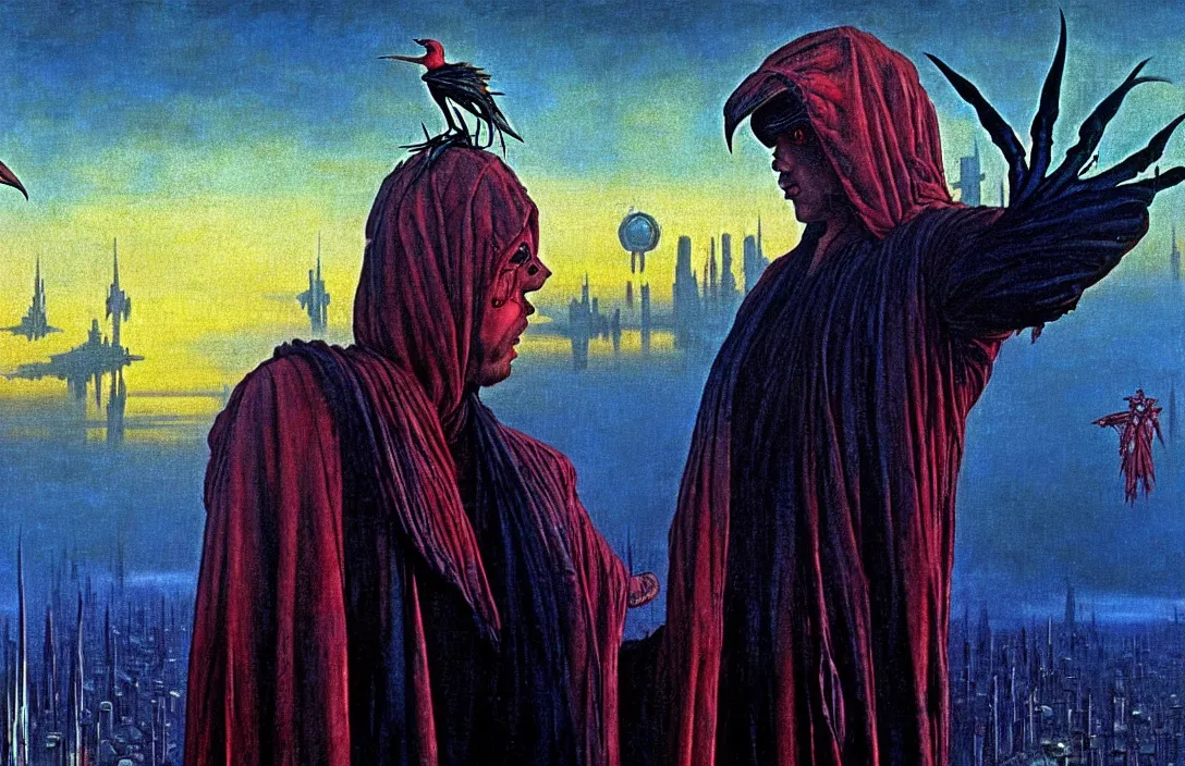 Prompt: extremely detailed portrait film shot of a birdman wearing dark ragged robes, futuristic city sunset landscape background by denis villeneuve, amano, yves tanguy, alphonse mucha, ernst haeckel, max ernst, roger dean, ridley scott, dramatic closeup composition, rich moody colours, blue eyes