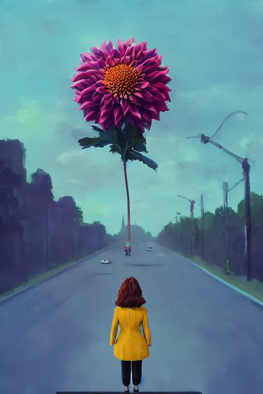 Image similar to closeup giant dahlia flower head, girl in a suit, street, surreal photography, blue sky, sunrise, dramatic light, impressionist painting, digital painting, artstation, simon stalenhag