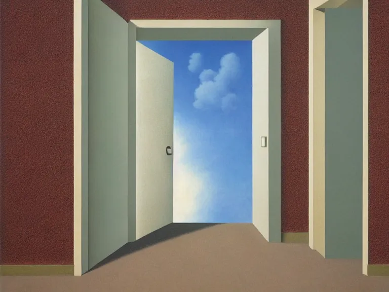 Image similar to an open door to nothingness in brick wall with endless hallway inside, painting by rene magritte, high detail, high resolution