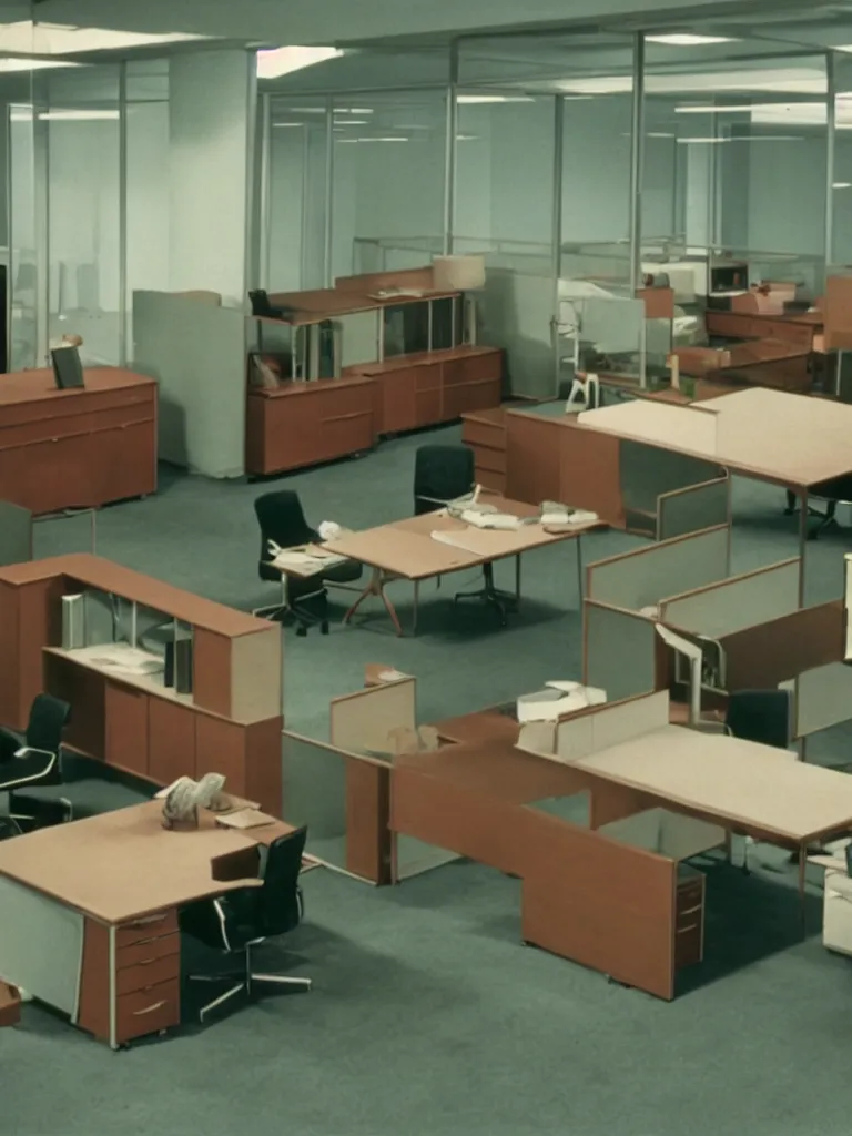 Image similar to a still of severance series indoor 7 0 s furniture office scenario appearing in a film of jacques tati