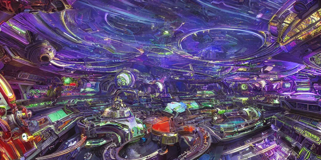 Prompt: a wide shot of a hi-tech sci-fi spaseship of epic proportions and intricate detail, with a lot of bright color lights, bridges, turrets, pipes, in deep space, photography, color, very detailed, realistic