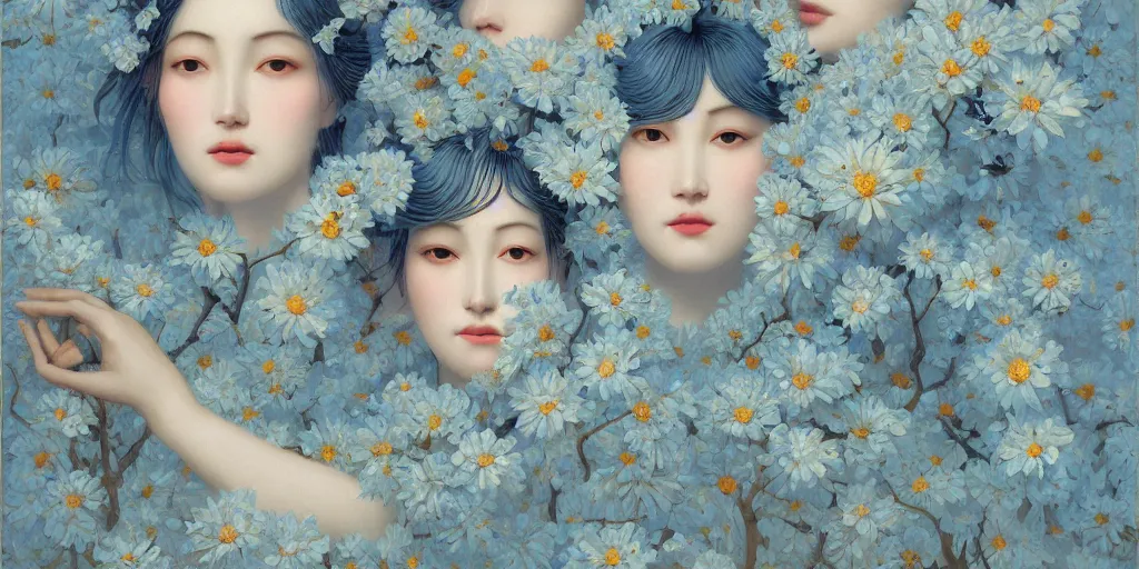 Image similar to breathtaking detailed concept art painting art deco pattern of faces goddesses amalmation light - blue flowers with anxious piercing eyes and blend of flowers and birds, by hsiao - ron cheng and john james audubon, bizarre compositions, exquisite detail, extremely moody lighting, 8 k