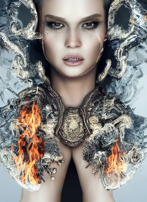 Image similar to 3d fashion portrait with fire, female, future, torch, flame, harper's bazaar, vogue, fashion magazine, intricate, concept art, close up, ornate, luxury, elite, elegant, trending on artstation, by ruan jia, by Kenneth Willardt, by ross tran, by WLOP, by Andrei Riabovitchev,