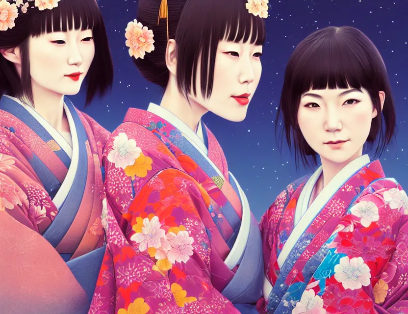 Image similar to two beautiful charming japan girls wear arty kimono in festival | | sunny night, full moon, dreamlike art, realistic shaded, smile, good looking, hyper details, 4 k realistic, cryengine, realistic shaded lighting poster by ilya kuvshinov, fuji choko, ross tran, 8 k resolution, trending on artstation, luxury