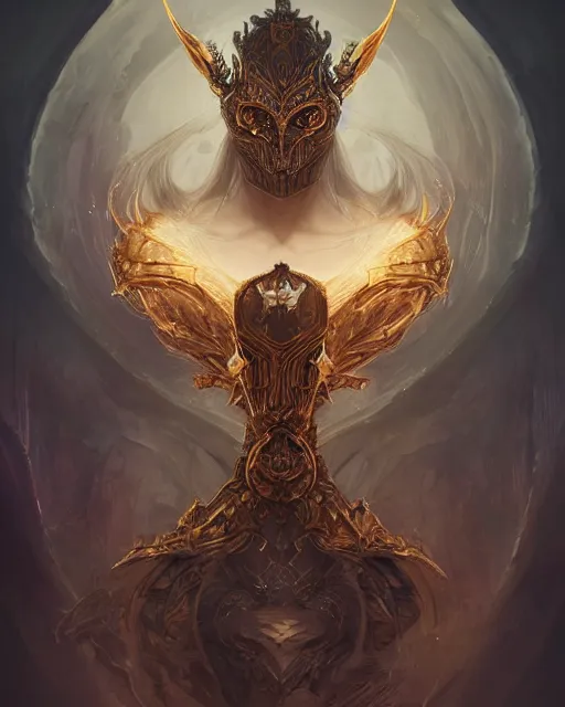 Image similar to portrait of the embodiment of darkness by Valentina Remenar, artgerm, by Charlie Bowater, tom bagshaw, Lois Van Baarle:: ornate detailed intricate golden battle knight armor by furio tedeschi, zhelong xu, golden ratio, symmetrical body, highly detailed
