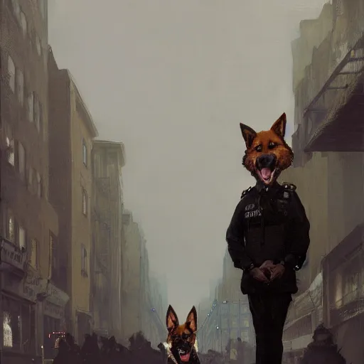 Image similar to new york city portrait of furry anthro anthropomorphic german shepard head animal person fursona wearing clothes nypd traditional police uniform in the alley, sunny day, digital art by Nerdrum John, William Waterhouse, Winslow Homer, Alex Heywood, Jordan Grimmer, Darren Quach, Greg Rutkowski, Simon Stalenhag, trending on Artstation, CGSociety