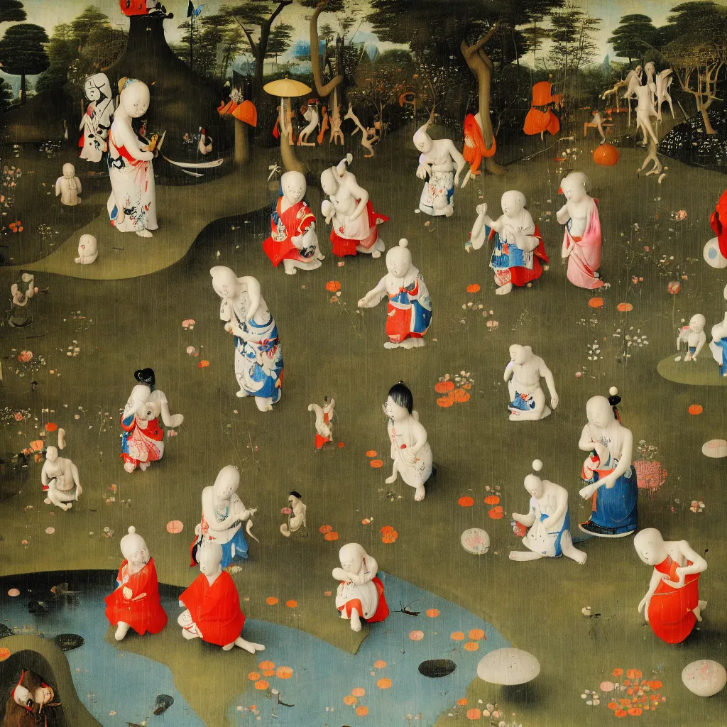 Prompt: Children playing in the Japanese Garden by Hieronymus Bosch and James Jean, Ross Tran, Damien Hirst, hypermaximalist, 8k, surreal oil painting, highly detailed, dream like, masterpiece