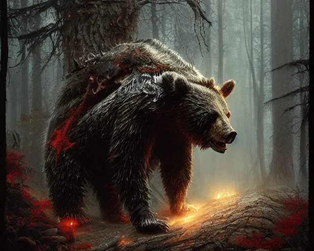 Image similar to 5 5 mm portrait photo of an armored demonic undead rotting bear with red eyes looking at the camera, in a magical forest. magical atmosphere. art by greg rutkowski and luis royo. highly detailed 8 k. intricate. lifelike. soft light. nikon d 8 5 0.