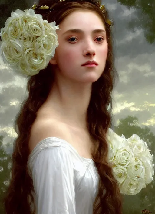 Image similar to oil painting close up portrait of a contemplative young black celtic woman with long dark flowing hair in a white dress, wearing a crown of white roses!! at sunset, hazy, digital art, chiaroscuro, artstation, cinematic, golden hour, digital art painting by greg rutkowski, william - adolphe bouguereau, hazy atmosphere, cinematic lighting