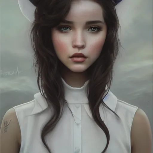 Image similar to tom bagshaw, very beautiful mutation of madison beer bella poarch dove cameron in a sailor suit flirting smile, randomly lustrous dyed hair, professionally retouched, focus eyes, ultra realistic soft painting, insanely detailed linework, symmetrical accurate intricate features, behance artstation, 8 k, - signature