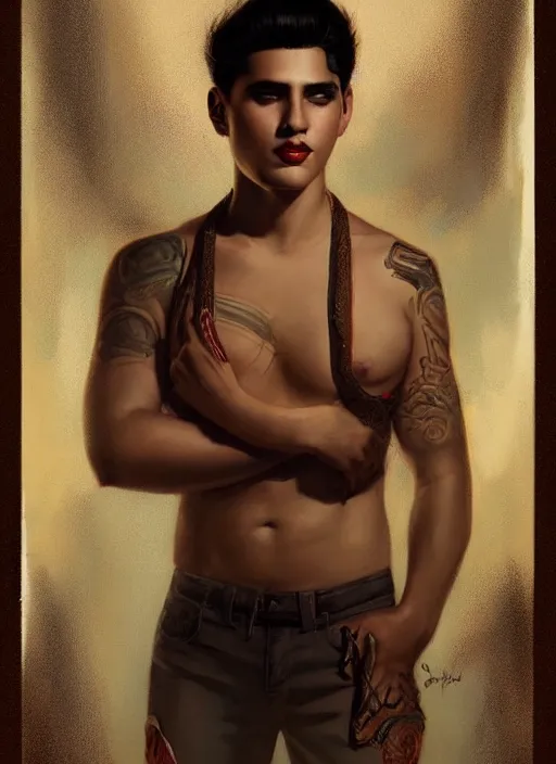 Prompt: a magical portrait of a handsome latino male gang member with dark brown eyes and short blackhair, art by manuel sanjulian and tom bagshaw