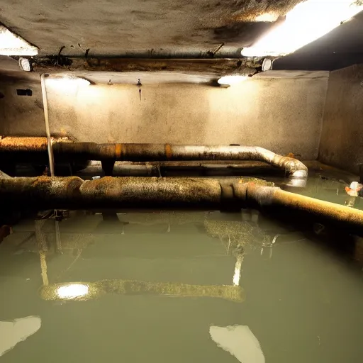 Prompt: underground bunker, flooded, dirty water, rusty pipes
