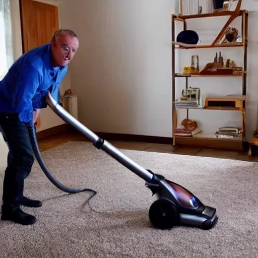 Prompt: a man rides a vacuum cleaner as if it were a horse, 8k, hyper-realistic