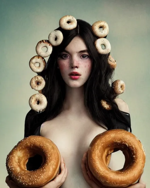 Prompt: half body portrait of juliana, in an outfit made from donuts, black hair, freckles, pale skin, photo by greg rutkowski, high fashion, risque, female beauty, intricate detail, elegance, sharp shapes, soft lighting, vibrant colors, masterpiece