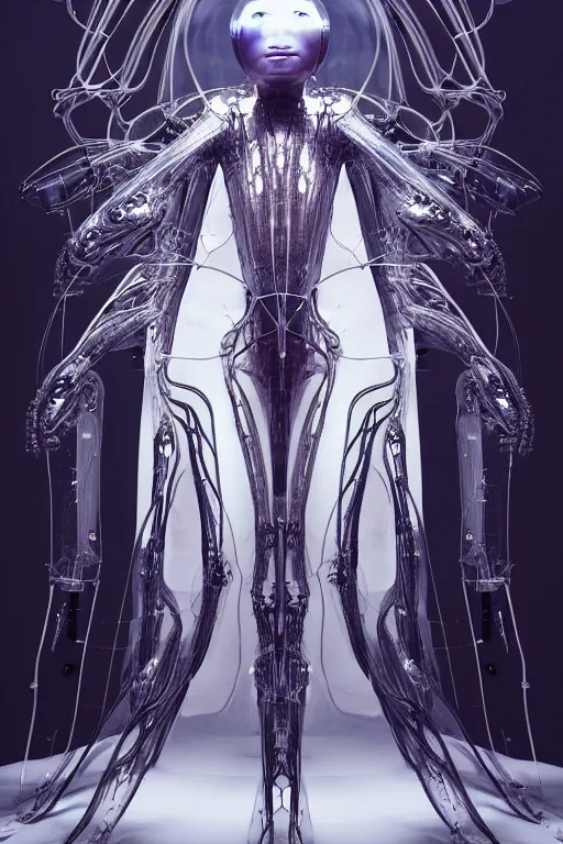 Image similar to background space station, dark inflateble dress iris van herpen positing on floor, helmet instead of a head, perfect symmetrical, full body shot, inflateble shapes, wires, tubes, veins, jellyfish, white biomechanical details, wearing epic bionic implants, masterpiece, intricate, biopunk, vogue, highly detailed, artstation, concept art