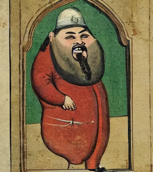 Image similar to 1 8 th century ottoman illustration of a bearded obese charlatan who is a quack with a nasty smile on his face, highly detailed