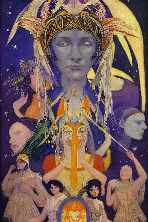 Image similar to queen of the crows with stars in her hair by Nicholas Roerich and Annie Swynnerton and Diego Rivera and jean delville and Carl Larsson, dramatic cinematic lighting , silver jewelry, ornate headdress, flowing robes, sacred artifacts, lost civilizations, smooth, sharp focus, extremely detailed