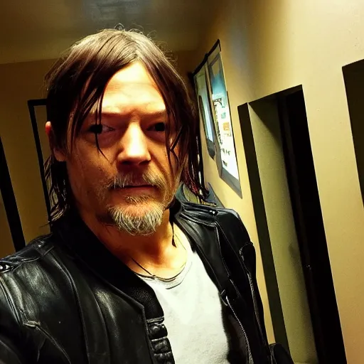 Image similar to Norman Reedus taking a selfie in the backrooms hallway, liminal space hallway, backrooms, selfie photo