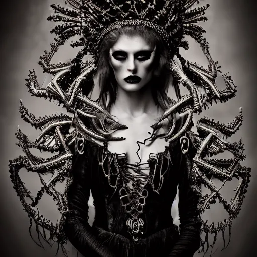 Image similar to a portrait of female model by stefan geselle, nekro borja and peter kemp, dark fantasy, ornate headpiece, dark beauty, photorealistic, canon r 3, photography