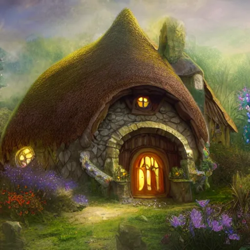 Image similar to a medieval hobbit house made of colorful crystal, ornate, beautiful, atmosphere, vibe, flowers, concept art illustration, color page, 4 k, tone mapping, doll, akihiko yoshida, james jean, andrei riabovitchev, marc simonetti, yoshitaka amano, digital illustration, greg rutowski, volumetric lighting, sunbeams, particles