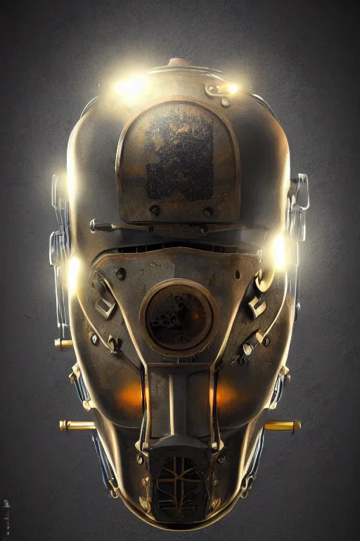 Image similar to steampunk mask minimalist fantasy art robot ninja helmet, global illumination ray tracing hdr fanart arstation by sung choi and eric pfeiffer and gabriel garza and casper konefal radiating a glowing aura