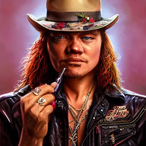 Image similar to axel rose portrait guns n roses, intricate, highly detailed, digital painting, artstation, concept art, smooth, sharp focus, illustration, unreal engine 5, 8 k, art by artgerm and greg rutkowski and alphonse mucha