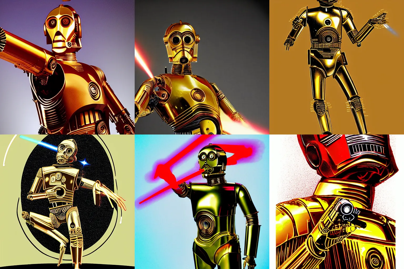 Prompt: Longshot of C3PO flying and shooting red lasers out of his hands by Jullie Bell