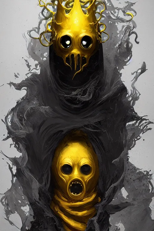 Image similar to A full body portrait of a mysterious character with no face with a very long hooded yellow cloak, a golden crown floating above his head tentacles coming out the ground art by Maciej Kuciara and Jason Chan, ominous, cosmic horror, trending on artstation, Ultra detailed, hyper realistic 4k