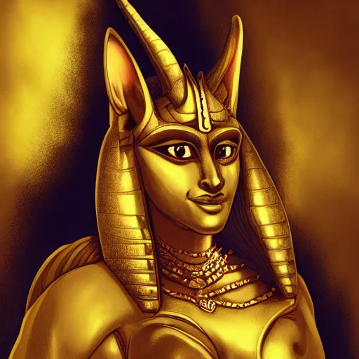 Image similar to A portrait of a female Anubis, she is glaring at the viewer and there is fire behind him, beautiful digital art trending on artstation, 4k, greg rutowski, extremely detailed, vivid three point lighting, backlit fur