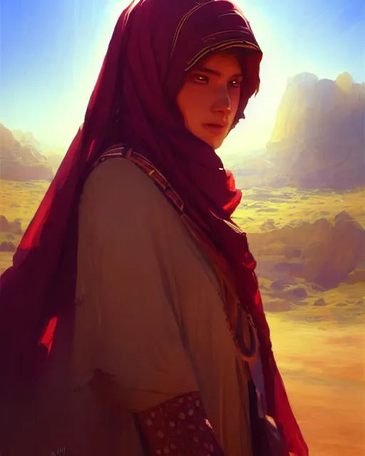 Image similar to beautiful bedouin, detailed portrait, cell shaded, 4 k, vivid colours, concept art by wlop, ilya kuvshinov, artgerm, krenz cushart, greg rutkowski, pixiv. cinematic dramatic atmosphere, sharp focus, volumetric lighting, cinematic lighting, studio quality