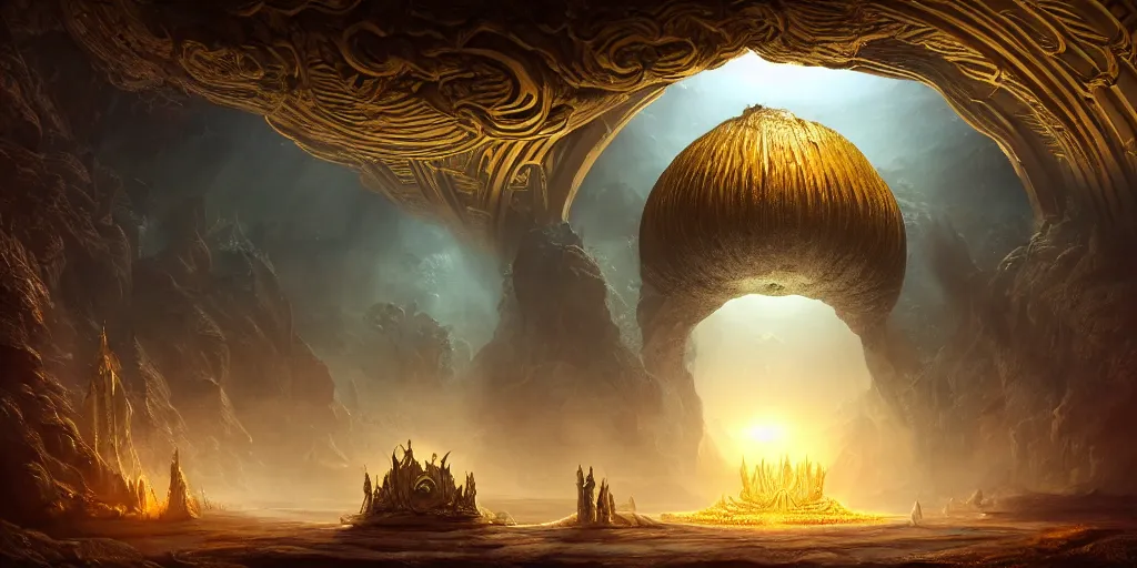 Prompt: a majestic photograph hiperrealistc of the entrance kingdom of agharta, with the king brightening on gold majestic, land of advanced races, giant, hollow earth infographic, illustrations, a big shell with a sun in the interior, dynamic lighting, fantastically beautiful, aesthetically inspired by loish, trending on artstation, art by oleg oprisco, 8 k