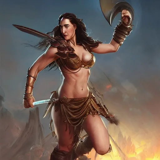 Image similar to young Jennifer Connelly as a warrior by Stanley Artgerm Lau, WLOP, Rossdraws, Frank Frazetta, Andrei Riabovitchev, Marc Simonetti, trending on artstation.