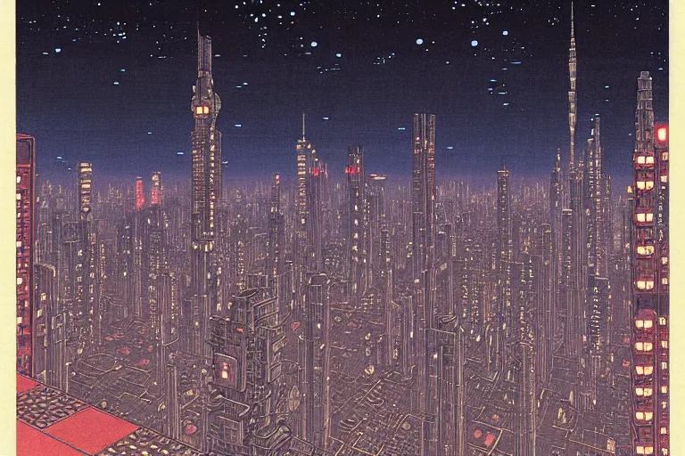 Image similar to a scifi illustration, Night City on Coruscant by hasui kawase