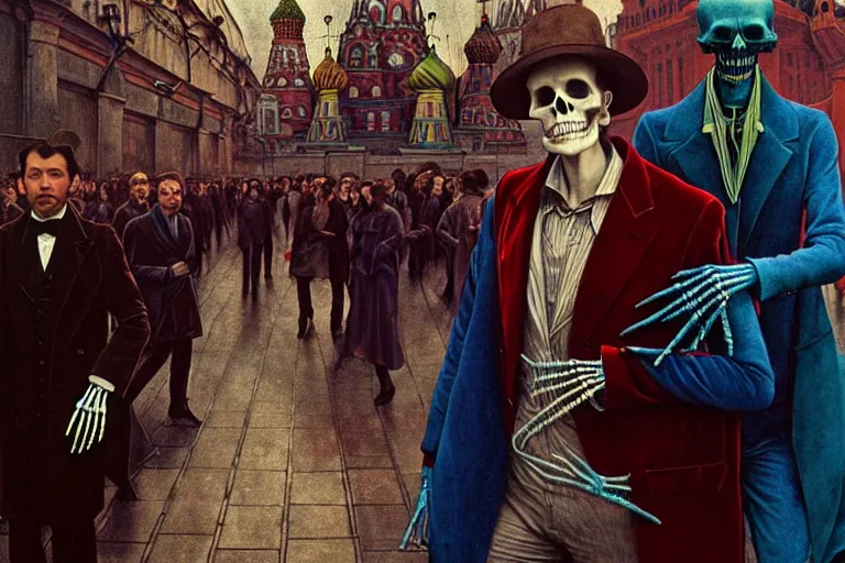 Image similar to realistic detailed photorealistic film portrait shot of a single skeleton wearing crimson velvet blazer in a crowded futuristic moscow street by Denis Villeneuve, Amano, Yves Tanguy, Alphonse Mucha, Ernst Haeckel, Andrei Tarkovsky, Edward Robert Hughes, Roger Dean, rich moody colours, wide angle, blue eyes