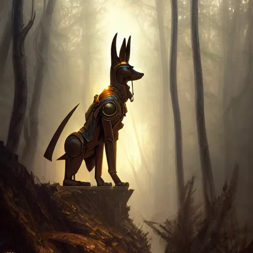 Prompt: long shot photo of humanoid anubis wear in golden heroic armour in the foggy forest, foggy bottom, highly detailed, digital painting, artstation, smooth, sharp focus, illustration, art by artgerm and greg rutkowski and alphonse mucha