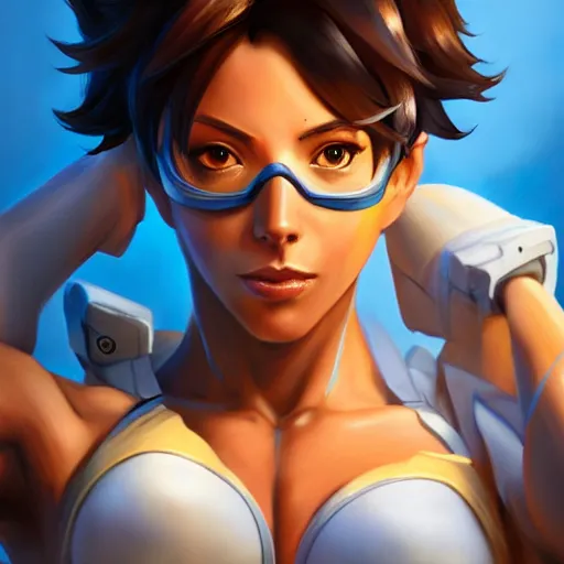 Prompt: a highly detailed portait of tracer from overwatch with muscles, digital art, pretty face, muscular, very beautiful face, very detailed eyes, 8 k resolution, digital painting, by james gurney wlop, greg rutkowski, full body