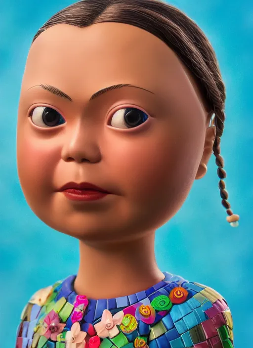 Image similar to closeup profile portrait of tin toy greta thunberg wearing a bikini, depth of field, zeiss lens, detailed, symmetrical, centered, fashion photoshoot, by nicoletta ceccoli, mark ryden, lostfish, breathtaking, 8 k resolution, extremely detailed, beautiful, establishing shot, artistic, hyperrealistic, octane render