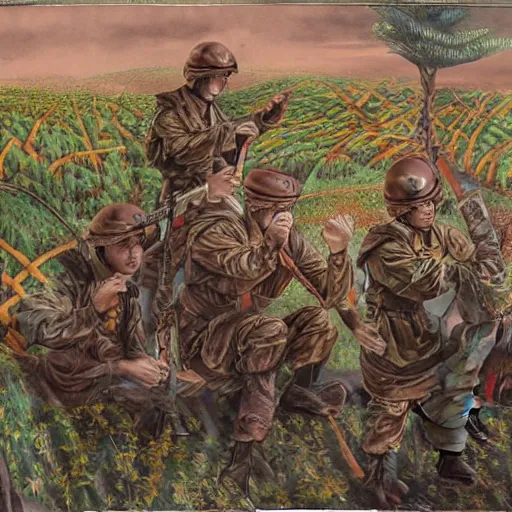 Image similar to a chinese soldier helps his comrades understand how to fight, technological growth, beautiful vintage country chocolate biodiesel wadellesacker, by wendy froud and vincent di botticelli, matte painting, an ink drawing holographic