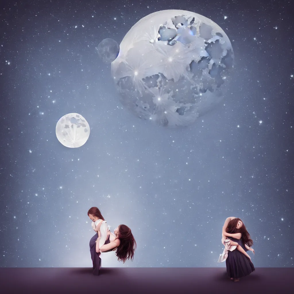 Prompt: girl hugs the moon, dress, realistic, night, light