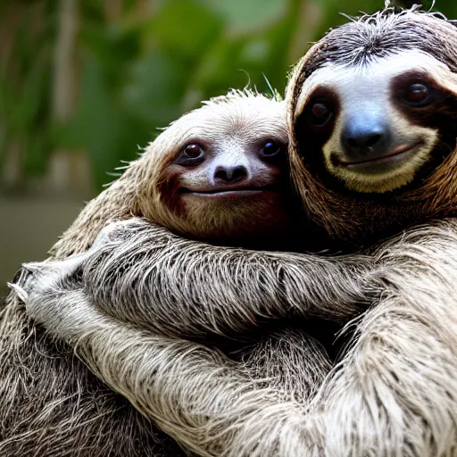 Image similar to a sloth hugging his turtle friend