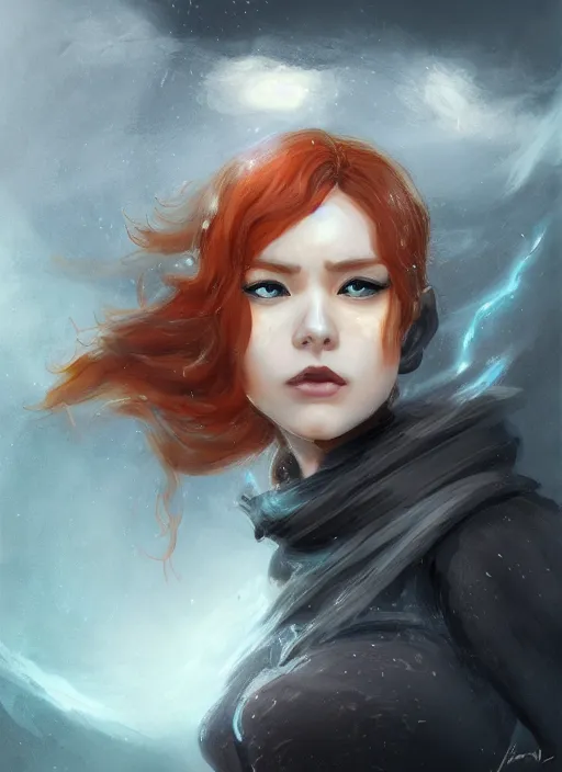 Image similar to a portrait of Nami the burglar as a real girl, wearing a traditional kunoichi dress, ginger hair, beautiful face, intricate, highly detailed, digital painting, artstation, thunderstorm on the background, matte painting, concept art, smooth, sharp focus, illustration, art by Charlie Bowater and Gustave Baumann, matte painting