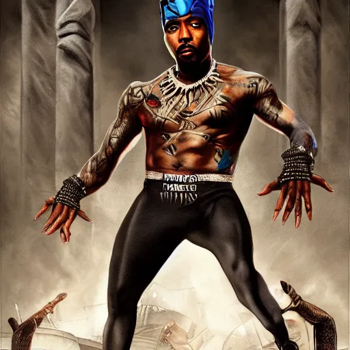 Prompt: 2 pac as black panther, tattoos, full length wide shot. aspect ratio 9 : 1 6. digital painting, extremely detailed, 4 k, intricate, brush strokes, mark arian, artgerm, bastien lecouffe - deharme